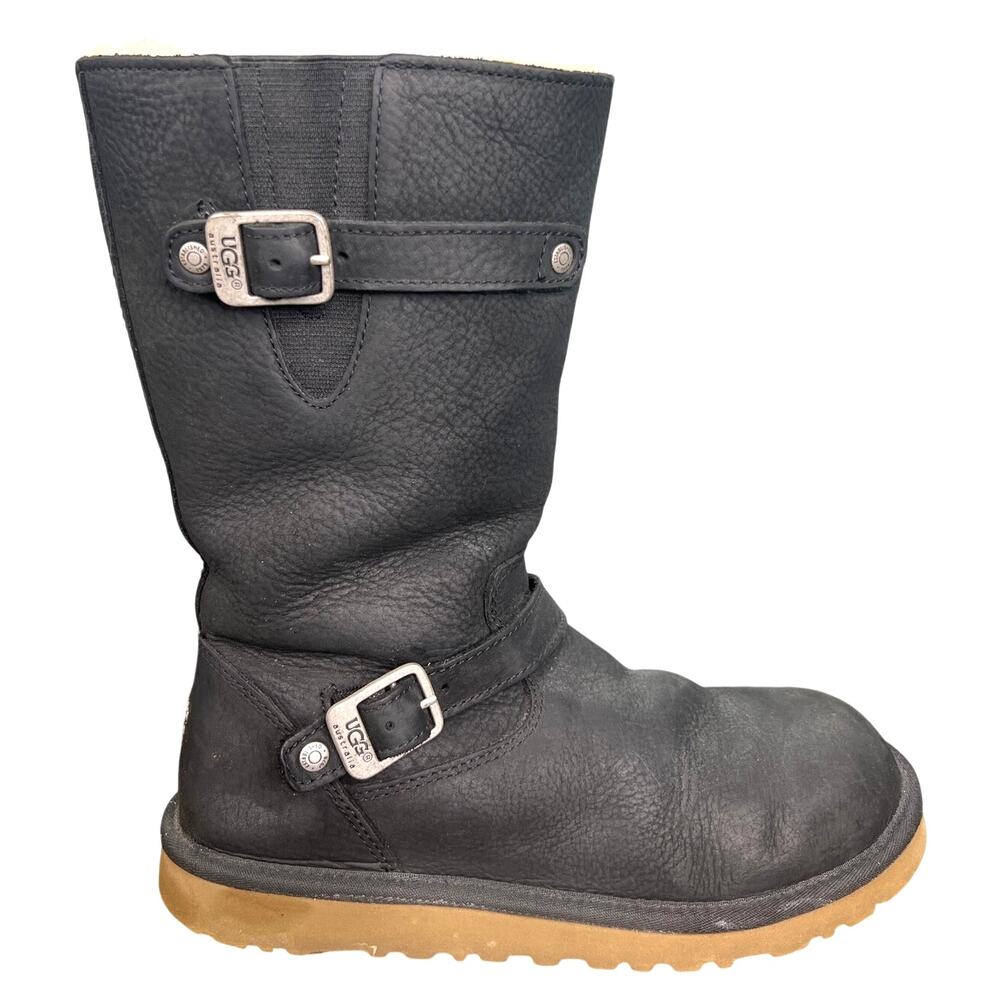UGG Women’s Kensington Black Leather Moto Winter Boot Size US 6